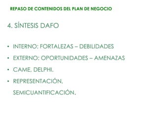 REPASO DE CONTENIDOS DEL PLAN DE NEGOCIO


4. SÍNTESIS DAFO


• INTERNO: FORTALEZAS – DEBILIDADES

• EXTERNO: OPORTUNIDADES – AMENAZAS

• CAME, DELPHI.

• REPRESENTACIÓN,

 SEMICUANTIFICACIÓN.
 