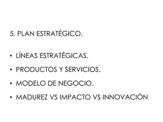 5. PLAN ESTRATÉGICO.


• LÍNEAS ESTRATÉGICAS.

• PRODUCTOS Y SERVICIOS.

• MODELO DE NEGOCIO.

• MADUREZ VS IMPACTO VS INNOVACIÓN
 