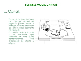 BUSINESS MODEL CANVAS

c. Canal.
  Es uno de los aspectos clave
  de cualquier modelo de
  negocio: ¿cómo vamos a
  entregar nuestra propuesta
  de valor a cada segmento
  de clientes?.
  El canal es clave, y en base
  a    las   decisiones    que
  tomemos en éste punto
  conformaremos            una
  experiencia de cliente u
  otra….
 