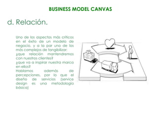 BUSINESS MODEL CANVAS

d. Relación.
  Uno de los aspectos más críticos
  en el éxito de un modelo de
  negocio, y a la par uno de los
  más complejos de tangibilizar:
  ¿que relación mantendremos
  con nuestros clientes?
  ¿que va a inspirar nuestra marca
  en ellos?
  Hablamos         además        de
  percepciones, por lo que el
  diseño de servicios (service
  design es una metodología
  básica)
 