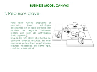 BUSINESS MODEL CANVAS

f. Recursos clave.
   Para llevar nuestra propuesta al
   mercado         (cuya       estrategia
   describimos en el lado derecho del
   modelo de negocio) debemos
   realizar una serie de actividades
   (lado izquierdo).
   Una de las más claras el el hecho de
   consumir diversos recursos. En éste
   apartado se describen los principales
   recursos necesarios, así como tipo,
   cantidad e intensidad
 