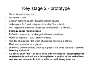 Key stage 2 - prototype
•   Name list and phone nos
•   Tfu format – unit
•   Session planning space / Smaller session spaces
•   make space for ‘relationships / citizenship / tea – lunch ….
•   Non negotiable rubric for processes and routines – CAR etc…
•   Strategy space / rubric space
•   Reflection space can be changed with new questions…
•   Month at a glance – stop / start / continue
•   The day at a glance / the week at a glance /month at a glance
•   Mind map space for ‘at a glance’
•   at the end of the month to clock as a graph – the three verticals – parent /
    learning and adult
•   A space / book / file – of each child with milestones , anecdotal ideas /
    achievements and evidence / compilation – so that at the end of term
    and year we can refer to that to write our well being letter -cv
 