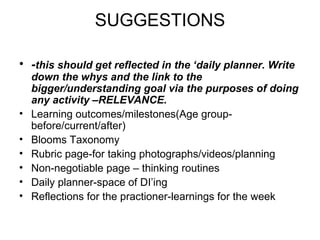 SUGGESTIONS

• -this should get reflected in the ‘daily planner. Write
    down the whys and the link to the
    bigger/understanding goal via the purposes of doing
    any activity –RELEVANCE.
•   Learning outcomes/milestones(Age group-
    before/current/after)
•   Blooms Taxonomy
•   Rubric page-for taking photographs/videos/planning
•   Non-negotiable page – thinking routines
•   Daily planner-space of DI’ing
•   Reflections for the practioner-learnings for the week
 