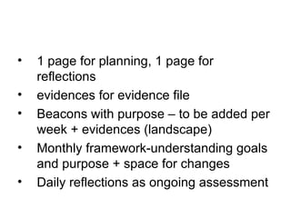 •   1 page for planning, 1 page for
    reflections
•   evidences for evidence file
•   Beacons with purpose – to be added per
    week + evidences (landscape)
•   Monthly framework-understanding goals
    and purpose + space for changes
•   Daily reflections as ongoing assessment
 