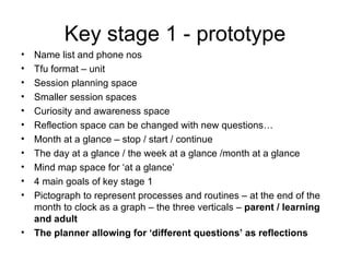 Key stage 1 - prototype
•   Name list and phone nos
•   Tfu format – unit
•   Session planning space
•   Smaller session spaces
•   Curiosity and awareness space
•   Reflection space can be changed with new questions…
•   Month at a glance – stop / start / continue
•   The day at a glance / the week at a glance /month at a glance
•   Mind map space for ‘at a glance’
•   4 main goals of key stage 1
•   Pictograph to represent processes and routines – at the end of the
    month to clock as a graph – the three verticals – parent / learning
    and adult
•   The planner allowing for ‘different questions’ as reflections
 