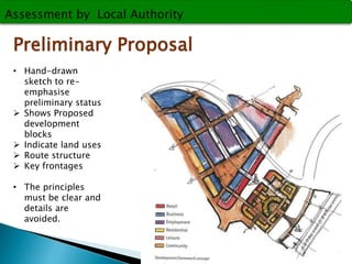 Assessment by Local Authority 
Preliminary Proposal 
• Hand-drawn 
sketch to re-emphasise 
preliminary status 
 Shows Proposed 
development 
blocks 
 Indicate land uses 
 Route structure 
 Key frontages 
• The principles 
must be clear and 
details are 
avoided. 
 