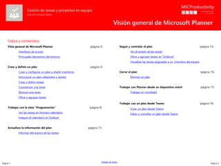 Página 1 Página 2
Trabajo eficiente con Outlook
Índice y contenidos
Vista general de Microsoft Planner (página 3)
Interfac...