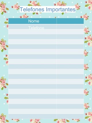 Telefones Importantes
Nome
Telefone
 