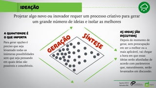 IDEAÇÃO
Agosto/2015
Salvador/BA
GERAÇÃO
SÍNTESE
Projetar algo novo ou inovador requer um processo criativo para gerar
um grande número de ideias e isolar as melhores
Para gerar opções é
preciso que seja
levantado todas as
inúmeras possibilidades
sem que seja pensando
em quais delas são
possíveis e concebíveis.
A QUANTIDADE É
O QUE IMPORTA
Depois do momento de
gerar, sem preocupação
em ser a melhor ou a
mais aplicável, vai chegar
a hora em que essas
ideias serão afuniladas de
acordo com parâmetros
que, naturalmente, serão
levantados em discussão.
AS IDEIAS SÃO
DISCUTIDAS
 