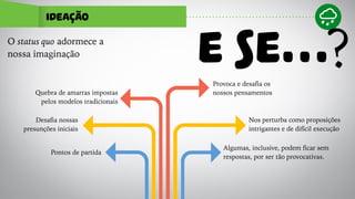 IDEAÇÃO
O status quo adormece a
nossa imaginação E SE…?
Pontos de partida
Desafia nossas
presunções iniciais
Quebra de amarras impostas
pelos modelos tradicionais
Provoca e desafia os
nossos pensamentos
Nos perturba como proposições
intrigantes e de difícil execução
Algumas, inclusive, podem ficar sem
respostas, por ser tão provocativas.
 