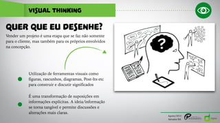 VISUAL THINKING
Agosto/2015
Salvador/BA
Vender um projeto é uma etapa que se faz não somente
para o cliente, mas também para os próprios envolvidos
na concepção.
QUER QUE EU DESENHE?
Utilização de ferramentas visuais como
figuras, rascunhos, diagramas, Post-Its etc
para construir e discutir significados
É uma transformação de suposições em
informações explícitas. A ideia/informação
se torna tangível e permite discussões e
alterações mais claras.
 