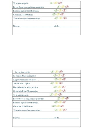 Temautonomia.
Reconheceasvogaiseconsoantes.
Escrevelegívelcomfirmeza.
CoordenaçãoMotora
Trasmitecomclarezarecados
Nome:_______________________________Idade:__________________
Segueinstrução
Capacidadederaciocínio
Argumentacomopiniões .
RaciocínioLógico
HabilidadeemMatemática.
CapacidadedeObservação.
Temautonomia.
Reconheceasvogaiseconsoantes.
Escrevelegívelcomfirmeza.
CoordenaçãoMotora
Trasmitecomclarezarecados
Nome:_______________________________Idade:__________________
 