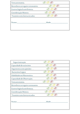 Temautonomia.
Reconheceasvogaiseconsoantes.
Escrevelegívelcomfirmeza.
CoordenaçãoMotora
Trasmitecomclarezarecados
Nome:_______________________________Idade:__________________
Segueinstrução
Capacidadederaciocínio
Argumentacomopiniões .
RaciocínioLógico
HabilidadeemMatemática.
CapacidadedeObservação.
Temautonomia.
Reconheceasvogaiseconsoantes.
Escrevelegívelcomfirmeza.
CoordenaçãoMotora
Trasmitecomclarezarecados
Nome:_______________________________Idade:__________________
 