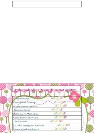 Segueinstrução
Capacidadederaciocínio
Argumentacomopiniões .
RaciocínioLógico
HabilidadeemMatemática.
CapacidadedeObservação.
Temautonomia.
Reconheceasvogaiseconsoantes.
Escrevelegívelcomfirmeza.
AvaliaçãodoAlunoDesenvolvimentoCognitivo
 