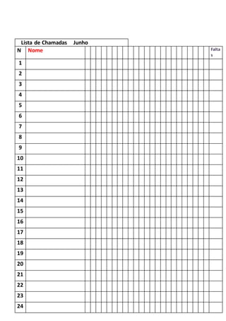 Lista de Chamadas Junho
N Nome Falta
s
1
2
3
4
5
6
7
8
9
10
11
12
13
14
15
16
17
18
19
20
21
22
23
24
 