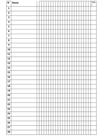 N Nome Falta
s
1
2
3
4
5
6
7
8
9
10
11
12
13
14
15
16
17
18
19
20
21
22
23
24
25
26
27
28
 