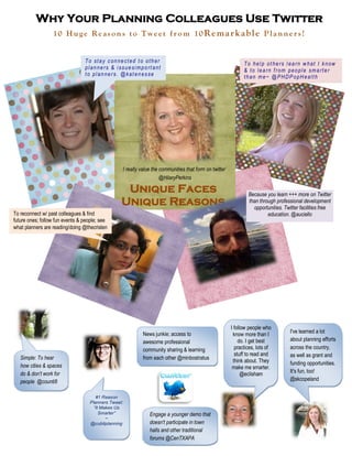 Why Your Planning Colleagues Use Twitter
                  10 H u ge R e a s on s t o Twe et f ro m 10 Re ma r k a bl e P l a n n e r s !


                                 To stay connected t o other                                                  To hel p ot hers l earn w hat I know
                                 planners & i ssuesimport ant                                                 & to learn f rom people smarter
                                 to planners. @kat enesse                                                     than me~ @PHDPopHealth




                                                 I really value the communities that form on twitter`
                                                                    @HilaryPerkins

                                                  Unique Faces                                                  Because you learn +++ more on Twitter
                                                 Unique Reasons                                                 than through professional development
                                                                                                                  opportunities. Twitter facilities free
To reconnect w/ past colleagues & find                                                                                   education. @auciello
future ones; follow fun events & people; see
what planners are reading/doing @thecristen




                                                                                                        I follow people who
                                                          News junkie; access to                                                    I've learned a lot
                                                                                                         know more than I
                                                          awesome professional                              do. I get best          about planning efforts
                                                          community sharing & learning                    practices, lots of        across the country,
                                                                                                          stuff to read and         as well as grant and
   Simple: To hear                                        from each other @minbostratus
                                                                                                         think about. They          funding opportunities.
   how cities & spaces                                                                                   make me smarter.
   do & don’t work for                                                                                        @eclisham             It's fun, too!
   people @counti8                                                                                                                  @skcopeland


                                      #1 Reason
                                   Planners Tweet:
                                     “It Makes Us
                                        Smarter”              Engage a younger demo that
                                           ~
                                   @cubitplanning             doesn't participate in town
                                                              halls and other traditional
                                                              forums @CenTXAPA
 