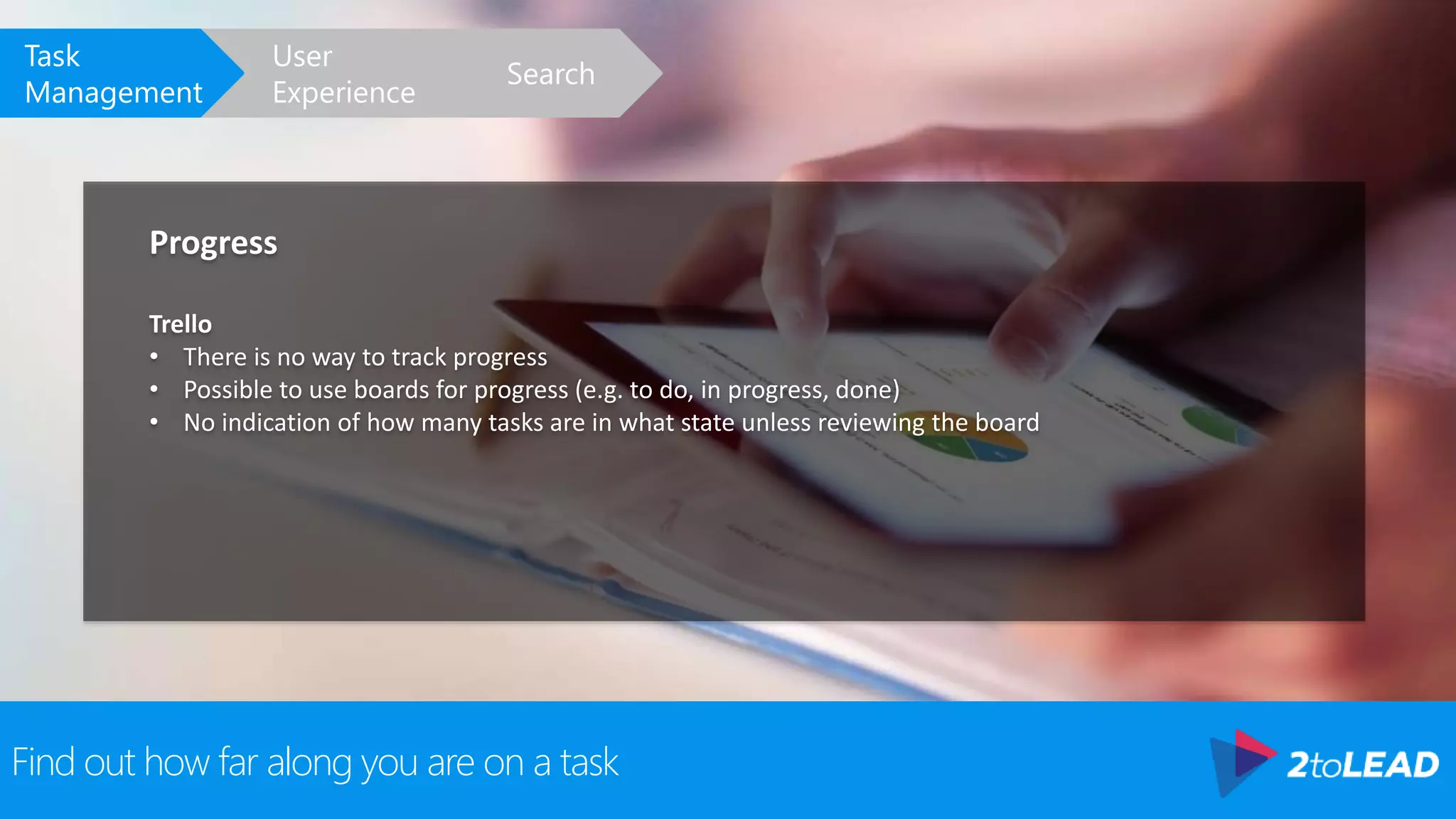 Find out how far along you are on a task
Progress
Trello
• There is no way to track progress
• Possible to use boards for progress (e.g. to do, in progress, done)
• No indication of how many tasks are in what state unless reviewing the board
Search
User
Experience
Task
Management
 