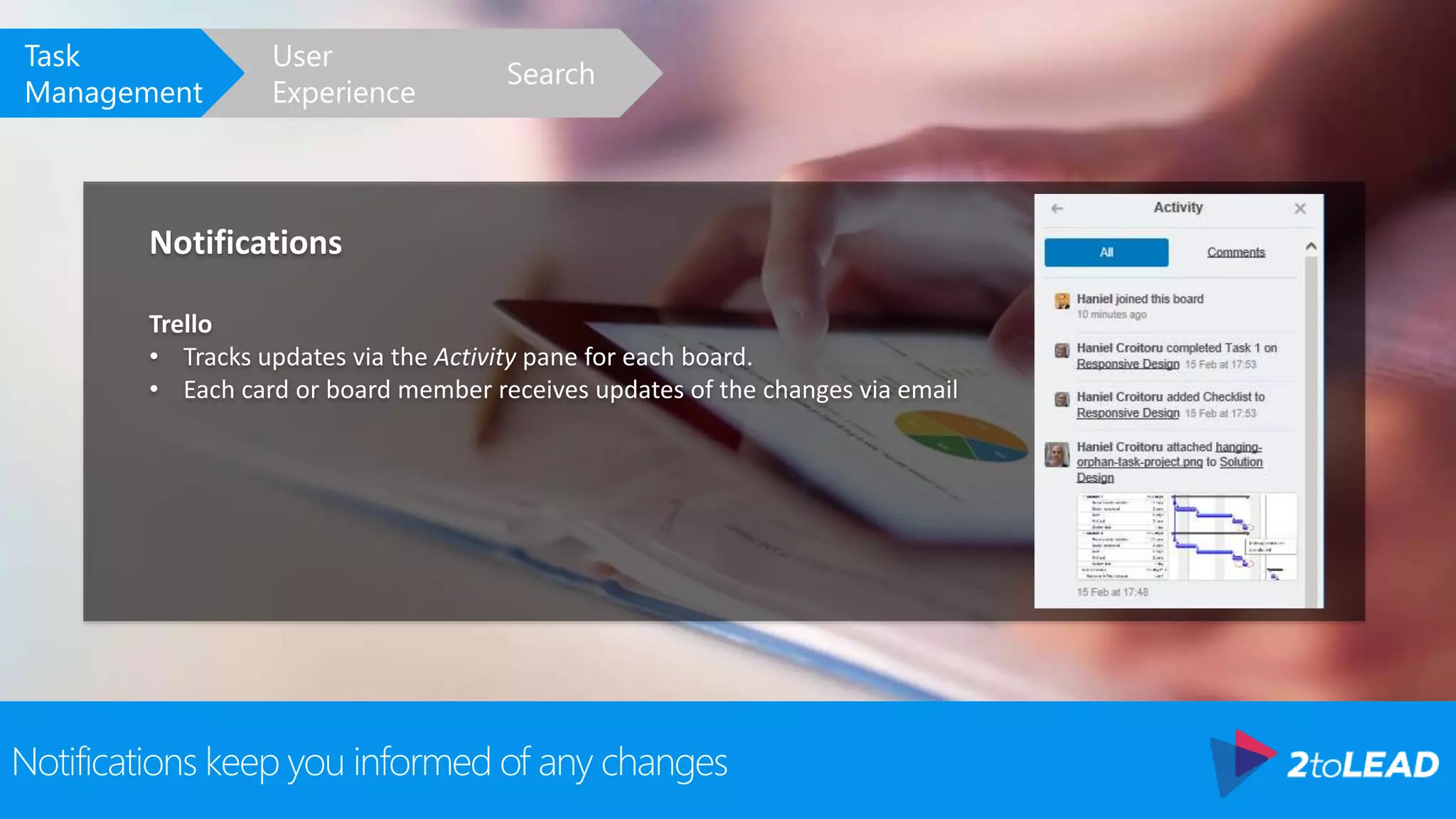 Notifications keep you informed of any changes
Notifications
Trello
• Tracks updates via the Activity pane for each board.
• Each card or board member receives updates of the changes via email
Search
User
Experience
Task
Management
 