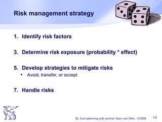 Risk management strategy Identify risk factors Determine risk exposure (probability * effect) Develop strategies to mitigate risks Avoid, transfer, or accept Handle risks SE, Cost planning and control, Hans van Vliet,  ©2008 