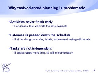 Why task-oriented planning is problematic Activities never finish early Parkinson’s law: work fills the time available Lateness is passed down the schedule If either design or coding is late, subsequent testing will be late Tasks are not independent If design takes more time, so will implementation SE, Cost planning and control, Hans van Vliet,  ©2008 