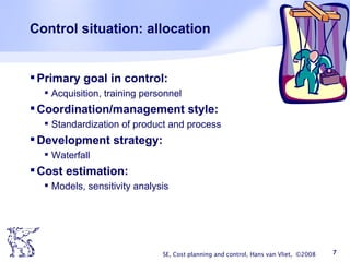 Control situation: allocation Primary goal in control: Acquisition, training personnel Coordination/management style: Standardization of product and process Development strategy: Waterfall  Cost estimation: Models, sensitivity analysis SE, Cost planning and control, Hans van Vliet,  ©2008 