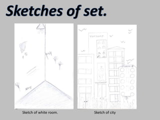 Sketches of set.Sketch of white room.Sketch of city