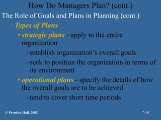 How Do Managers Plan? (cont.) The Role of Goals and Plans in Planning (cont.) Types of Plans strategic plans  - apply to the entire organization establish organization’s overall goals seek to position the organization in terms of its environment operational plans  - specify the details of how the overall goals are to be achieved tend to cover short time periods © Prentice Hall, 2002 7- 