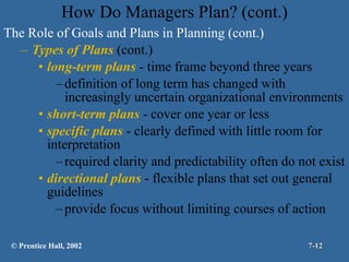 How Do Managers Plan? (cont.) The Role of Goals and Plans in Planning (cont.) Types of Plans  (cont.) long-term plans  - time frame beyond three years definition of long term has changed with increasingly uncertain organizational environments short-term plans  - cover one year or less specific plans  - clearly defined with little room for interpretation required clarity and predictability often do not exist directional plans  - flexible plans that set out general guidelines provide focus without limiting courses of action  © Prentice Hall, 2002 7- 