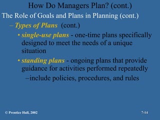 How Do Managers Plan? (cont.) The Role of Goals and Plans in Planning (cont.) Types of Plans   (cont.) single-use plans  - one-time plans specifically designed to meet the needs of a unique situation standing plans  - ongoing plans that provide guidance for activities performed repeatedly include policies, procedures, and rules © Prentice Hall, 2002 7- 