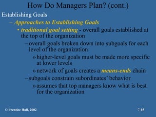 How Do Managers Plan? (cont.) Establishing Goals Approaches to Establishing Goals traditional goal setting  - overall goals established at the top of the organization overall goals broken down into subgoals for each level of the organization higher-level goals must be made more specific at lower levels network of goals creates a  means-ends  chain subgoals constrain subordinates’ behavior assumes that top managers know what is best for the organization © Prentice Hall, 2002 7- 