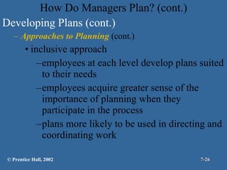 How Do Managers Plan? (cont.) Developing Plans (cont.) Approaches to Planning   (cont.) inclusive approach employees at each level develop plans suited to their needs employees acquire greater sense of the importance of planning when they participate in the process plans more likely to be used in directing and coordinating work © Prentice Hall, 2002 7- 