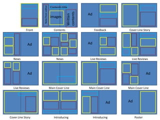 Note from editor
                                       Contents title




                                                     contents
                                                                Ad




                                                     Written
                                       images


            Front                         Contents                   Feedback      Cover Line Story



             Ad                                                 Ad


  News                                      News                 Live Reviews        Live Reviews



             Ad                                                                                  Ad


  Live Reviews                         Main Cover Line          Main Cover Line    Main Cover Line



                                                                              Ad   Ad


Cover Line Story                          Introducing                Introducing        Poster
 