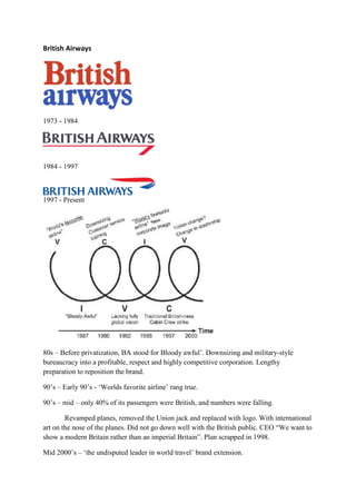 British  Airways  




1973 - 1984




1984 - 1997



1997 - Present




80s                                                                              -style
bureaucracy into a profitable, respect and highly competitive corporation. Lengthy
preparation to reposition the brand.

                     -                      rang true.

      mid     only 40% of its passengers were British, and numbers were falling.

        Revamped planes, removed the Union jack and replaced with logo. With international
art on the nose of the planes.
                                                     Plan scrapped in 1998.
 