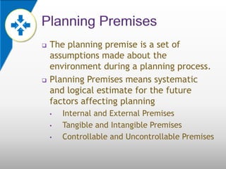    The planning premise is a set of
    assumptions made about the
    environment during a planning process.
   Planning Premises means systematic
    and logical estimate for the future
    factors affecting planning
    •   Internal and External Premises
    •   Tangible and Intangible Premises
    •   Controllable and Uncontrollable Premises
 