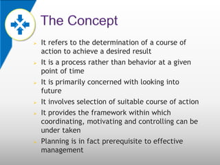    It refers to the determination of a course of
    action to achieve a desired result
   It is a process rather than behavior at a given
    point of time
   It is primarily concerned with looking into
    future
   It involves selection of suitable course of action
   It provides the framework within which
    coordinating, motivating and controlling can be
    under taken
   Planning is in fact prerequisite to effective
    management
 