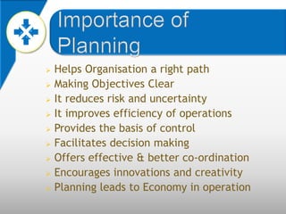  Helps Organisation a right path
 Making Objectives Clear

 It reduces risk and uncertainty

 It improves efficiency of operations

 Provides the basis of control

 Facilitates decision making

 Offers effective & better co-ordination

 Encourages innovations and creativity

 Planning leads to Economy in operation
 