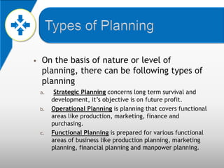    On the basis of nature or level of
    planning, there can be following types of
    planning
    a.    Strategic Planning concerns long term survival and
         development, it’s objective is on future profit.
    b.   Operational Planning is planning that covers functional
         areas like production, marketing, finance and
         purchasing.
    c.   Functional Planning is prepared for various functional
         areas of business like production planning, marketing
         planning, financial planning and manpower planning.
 