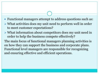  Functional managers attempt to address questions such as:
 What activities does my unit need to perform well in order
  to meet customer expectations?
 What information about competitors does my unit need in
  order to help the business compete effectively?
The main focus of functional managers planning activities is
on how they can support the business and corporate plans.
Functional level managers are responsible for recognizing
and ensuring effective and efficient operations.
 