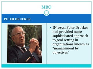 MBO

PETER DRUCKER


                   IN 1954, Peter Drucker
                      had provided more
                      sophisticated approach
                      to goal setting in
                      organizations known as
                      “management by
                      objectives”
 
