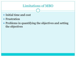 Limitations of MBO

 Initial time and cost
 Frustration
 Problems in quantifying the objectives and setting
 the objectives
 