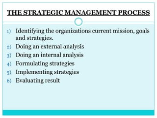 THE STRATEGIC MANAGEMENT PROCESS

1) Identifying the organizations current mission, goals
     and strategies.
2)   Doing an external analysis
3)   Doing an internal analysis
4)   Formulating strategies
5)   Implementing strategies
6)   Evaluating result
 