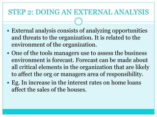 STEP 2: DOING AN EXTERNAL ANALYSIS

 External analysis consists of analyzing opportunities
  and threats to the organization. It is related to the
  environment of the organization.
 One of the tools managers use to assess the business
  environment is forecast. Forecast can be made about
  all critical elements in the organization that are likely
  to affect the org or managers area of responsibility.
 Eg. In increase in the interest rates on home loans
  affect the sales of the houses.
 