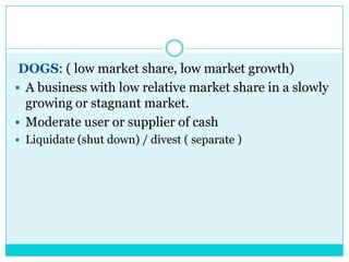 DOGS: ( low market share, low market growth)
 A business with low relative market share in a slowly
  growing or stagnant market.
 Moderate user or supplier of cash
 Liquidate (shut down) / divest ( separate )
 