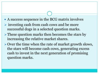  A success sequence in the BCG matrix involves
 investing cash from cash cows and be more
  successful dogs in a selected question marks.
 These question marks then becomes the stars by
  increasing the relative market shares.
 Over the time when the rate of market growth slows,
  the stars will become cash cows, generating excess
  cash to invest in the next generation of promising
  question marks.
 