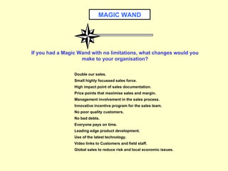 If you had a Magic Wand with no limitations, what changes would you make to your organisation? MAGIC WAND Double our sales. Small highly focussed sales force. High impact point of sales documentation. Price points that maximise sales and margin. Management involvement in the sales process. Innovative incentive program for the sales team. No poor quality customers. No bad debts. Everyone pays on time. Leading edge product development. Global sales to reduce risk and local economic issues. Use of the latest technology. Video links to Customers and field staff. 