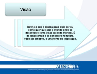 Visão


    Define o que a organização quer ser ou
     como quer que seja o mundo onde se
  desenvolve (uma visão ideal do mundo). É
   de longo prazo e se concentra no futuro.
 Pode ser emotiva, e uma fonte de inspiração.
 