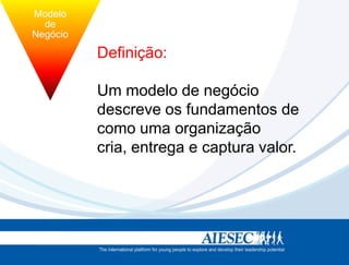 Modelo
          de
        Negócio

                     Definição:
tégia             Estrutura
                     Um modelo de negócio
                     descreve os fundamentos de
                     como uma organização
                     cria, entrega e captura valor.
 
