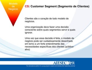 Modelo
          de        CS: Customer Segment (Segmento de Clientes)
        Negócio


                    Clientes são o coração de todo modelo de
tégia             Estrutura
                    negócios.

                    Uma organização deve fazer uma decisão
                    consciente sobre quais segmentos servir e quais
                    ignorar.

                    Uma vez que essa decisão é feita, o modelo de
                    negócio pode ser cuidadosamente desenhado
                    em torno a um forte entendimento das
                    necessidades específicas dos clientes (público-
                    alvo)
 