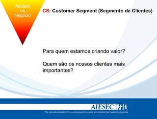 Modelo
          de        CS: Customer Segment (Segmento de Clientes)
        Negócio



tégia             Estrutura


                    Para quem estamos criando valor?

                    Quem são os nossos clientes mais
                    importantes?
 